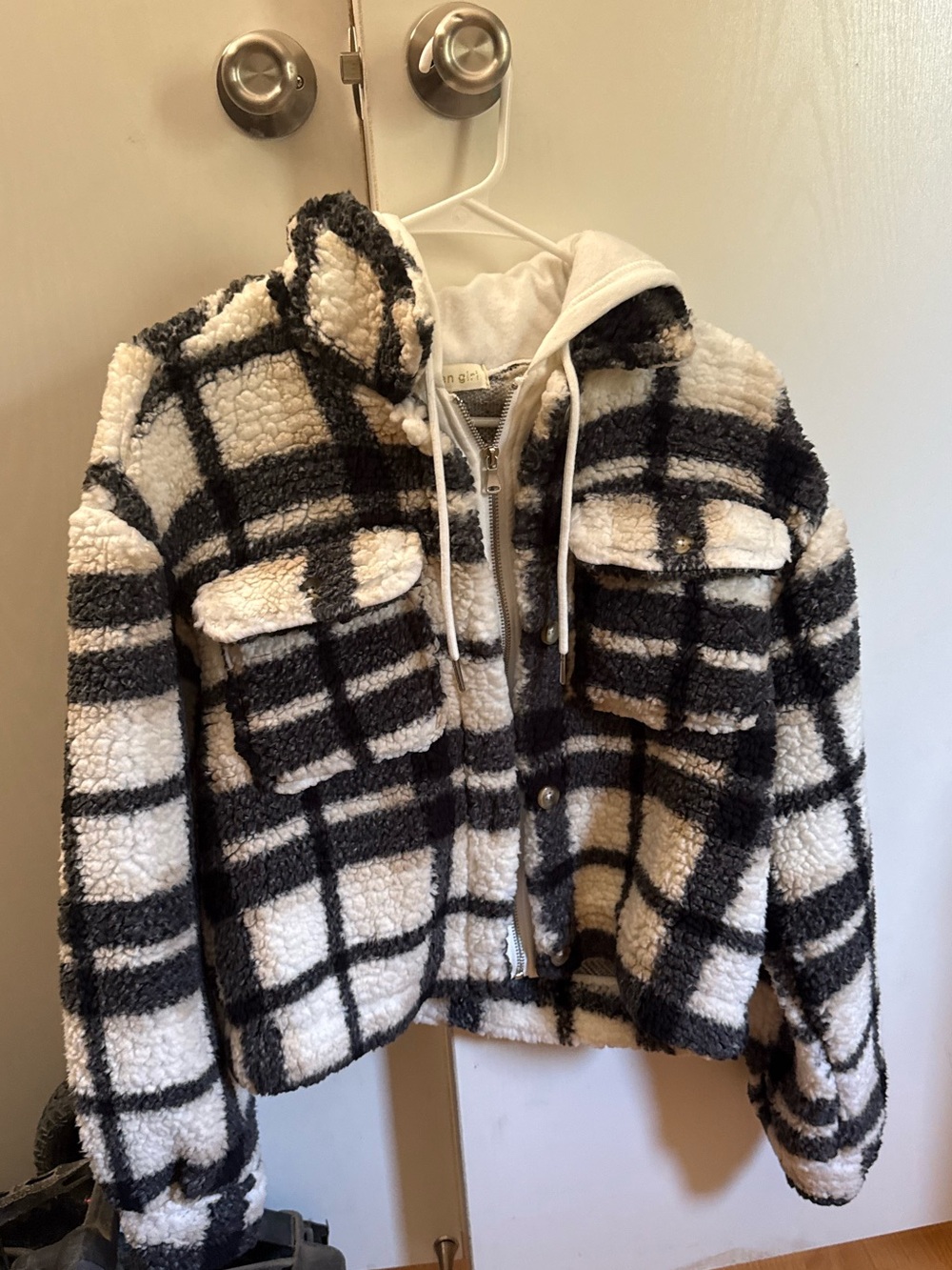 Madden Girl Black & White Plaid Teddy Sherpa Jacket with Hood